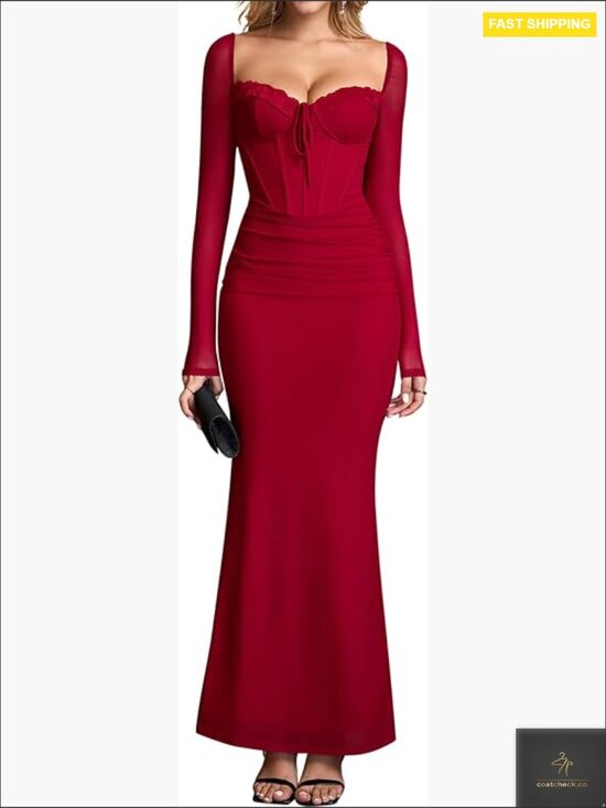 Dresses & Skirts - Long Sleeve Corset Bodycon Maxi Dress Formal Wedding Guest Elegant Mesh